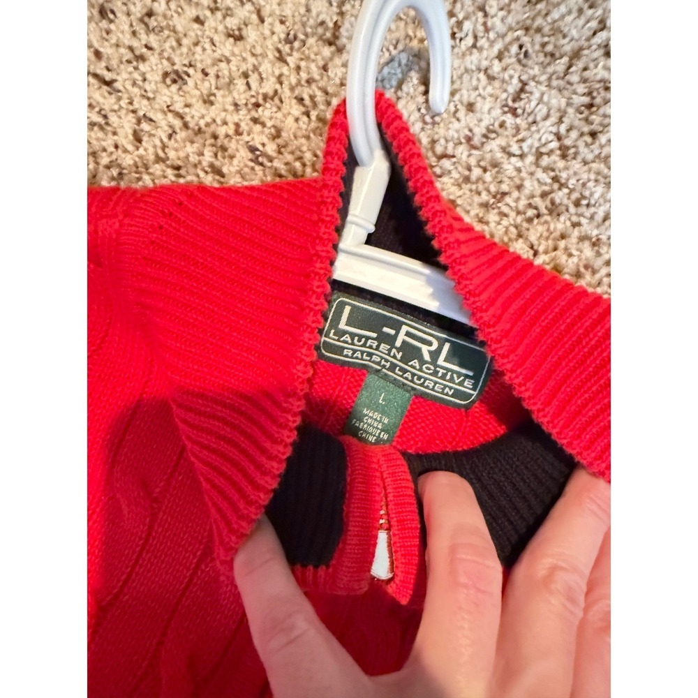 Lauren Ralph Lauren Active Red Cable Knit Full Zip Sweater Mock Neck Womens L - Picture 7 of 9
